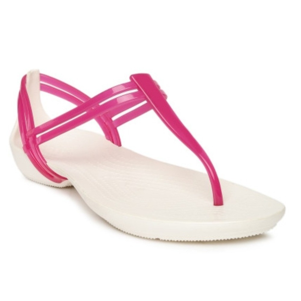 Crocs Isabella T-Strap Sandals Womens 11 White Raspberry Pink Strappy Flat